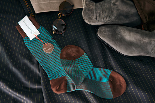Twinkima.G - Houndstooth Socks - Brown/Turquoise (Mid-Calf)