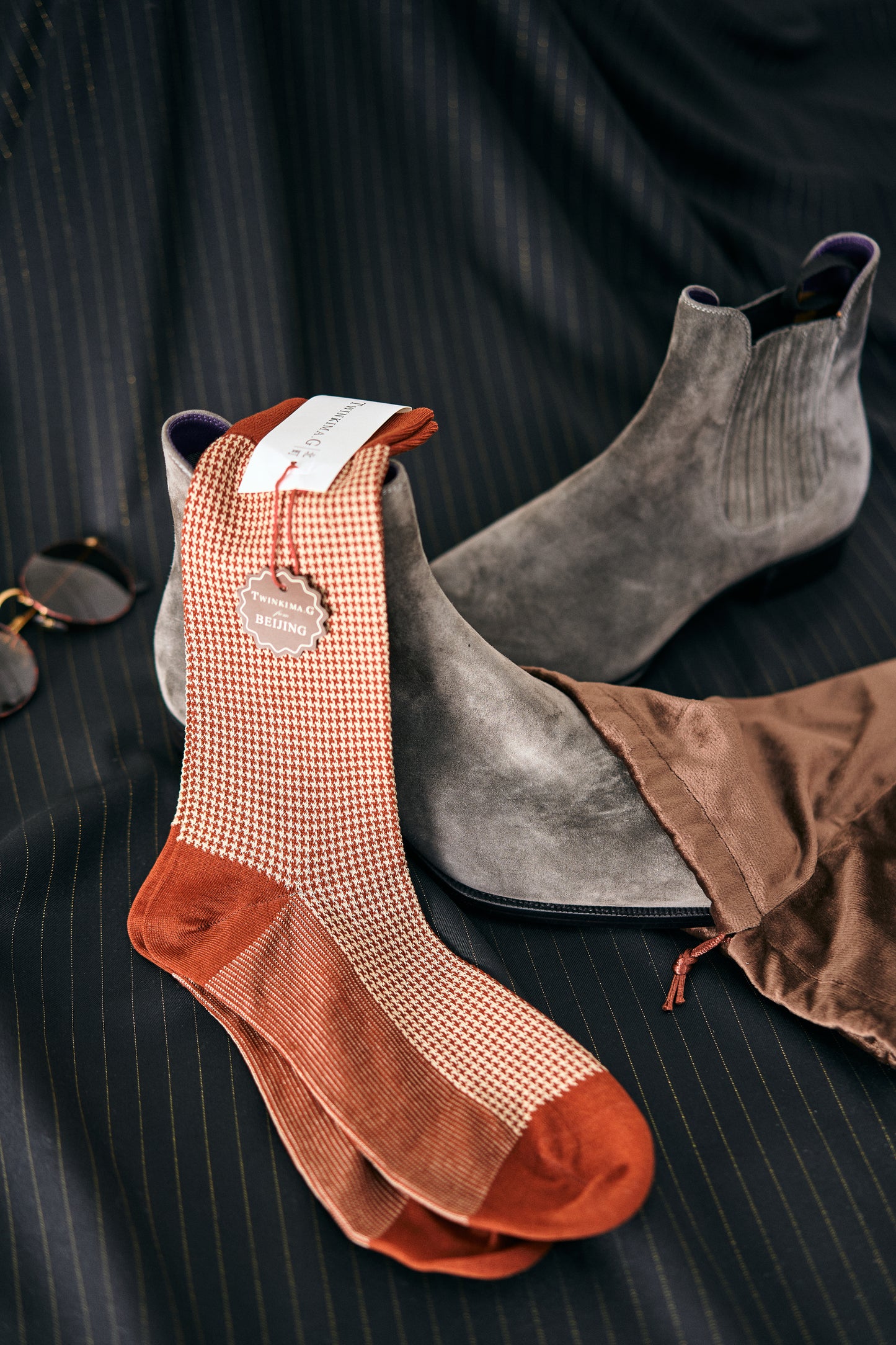 Twinkima.G - Houndstooth Socks - Rust/Beige (Mid-Calf)