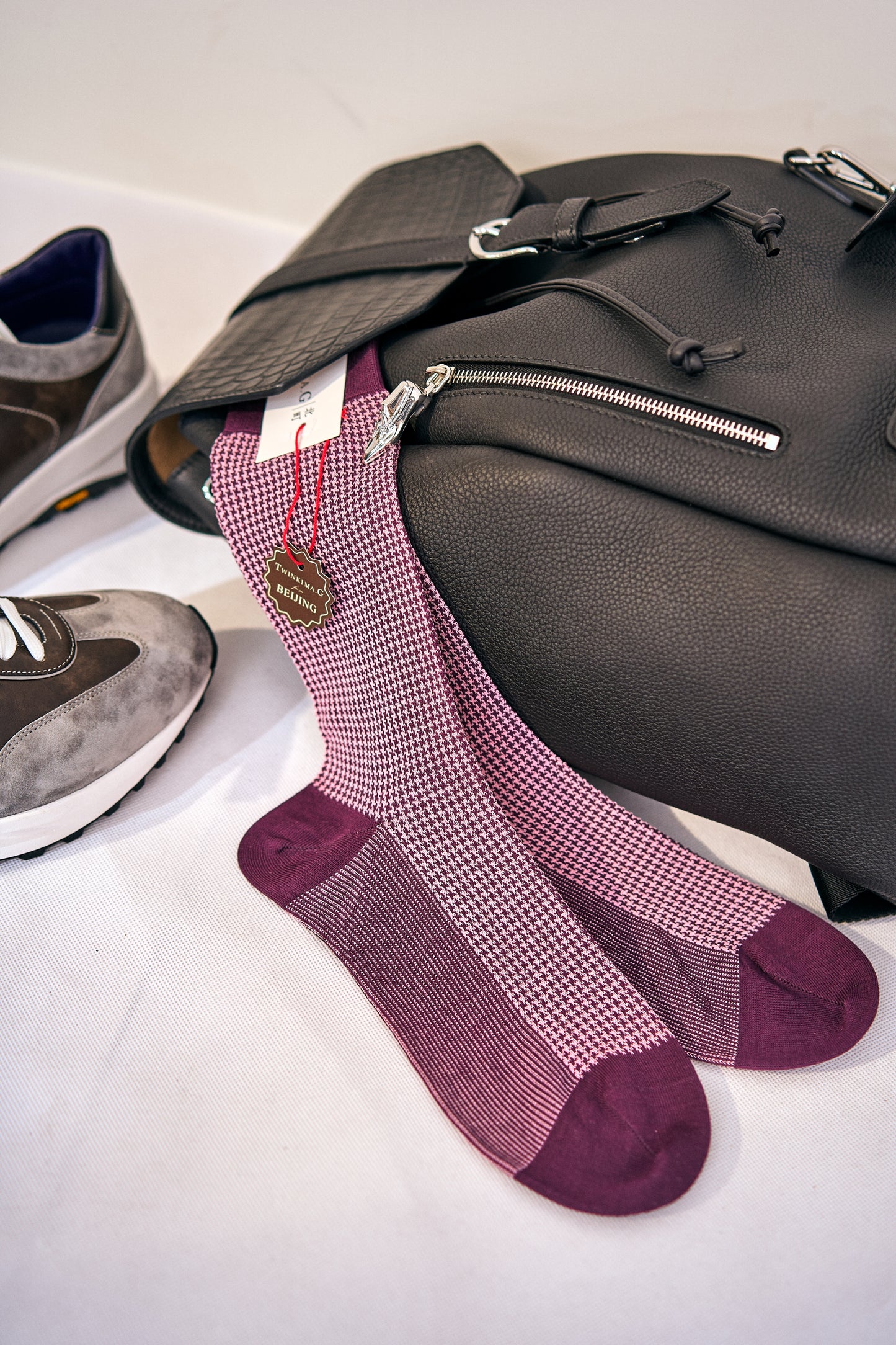 Twinkima.G - Houndstooth Socks - Purple/Cream (Mid-Calf)