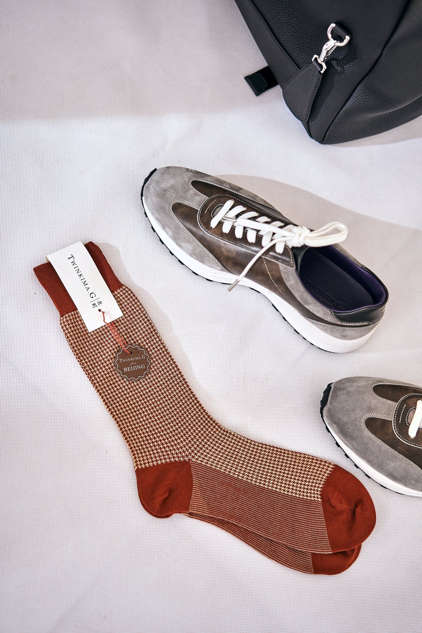 Twinkima.G - Houndstooth Socks - Rust/Beige (Mid-Calf)