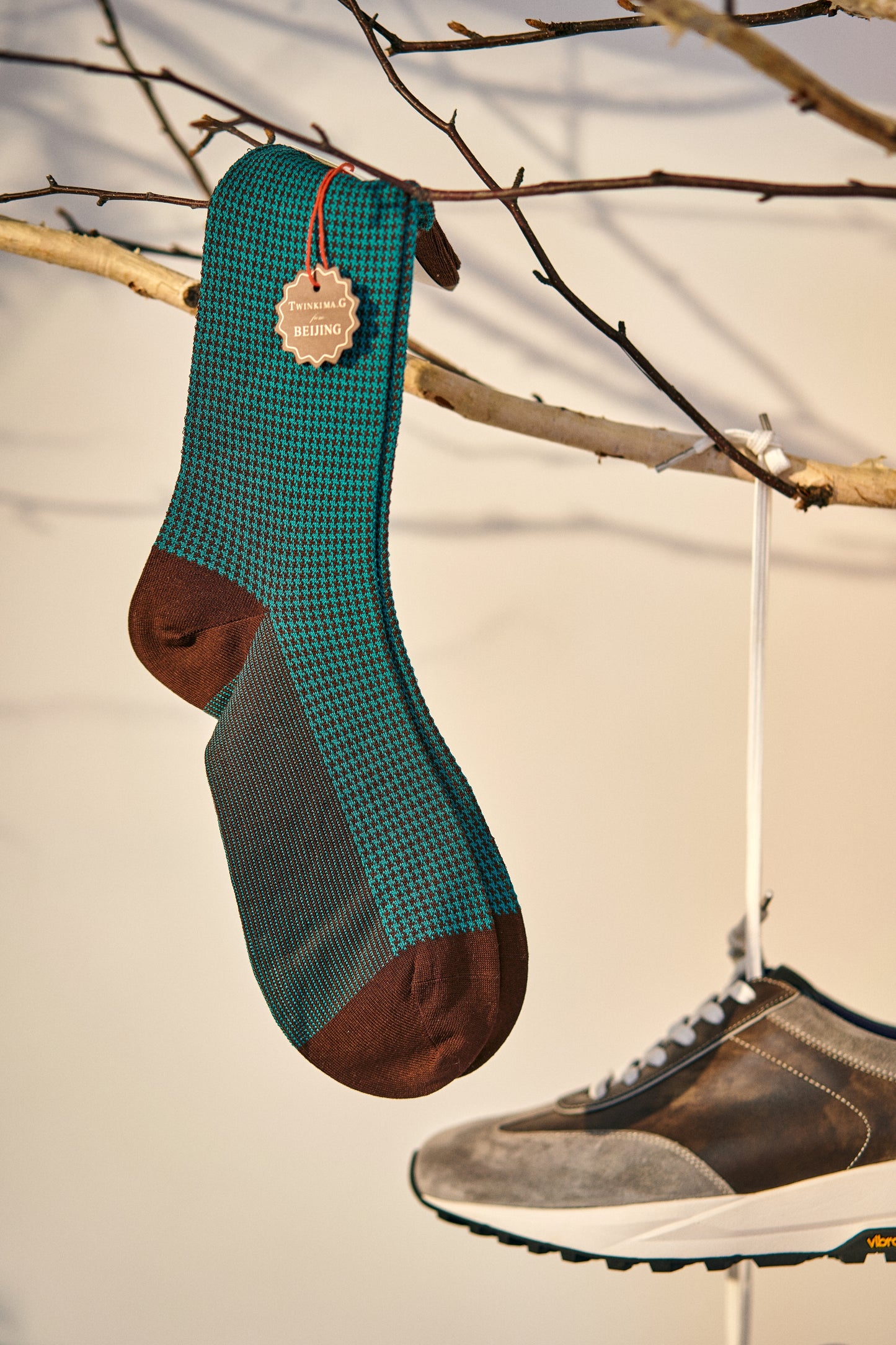 Twinkima.G - Houndstooth Socks - Brown/Turquoise (Mid-Calf)