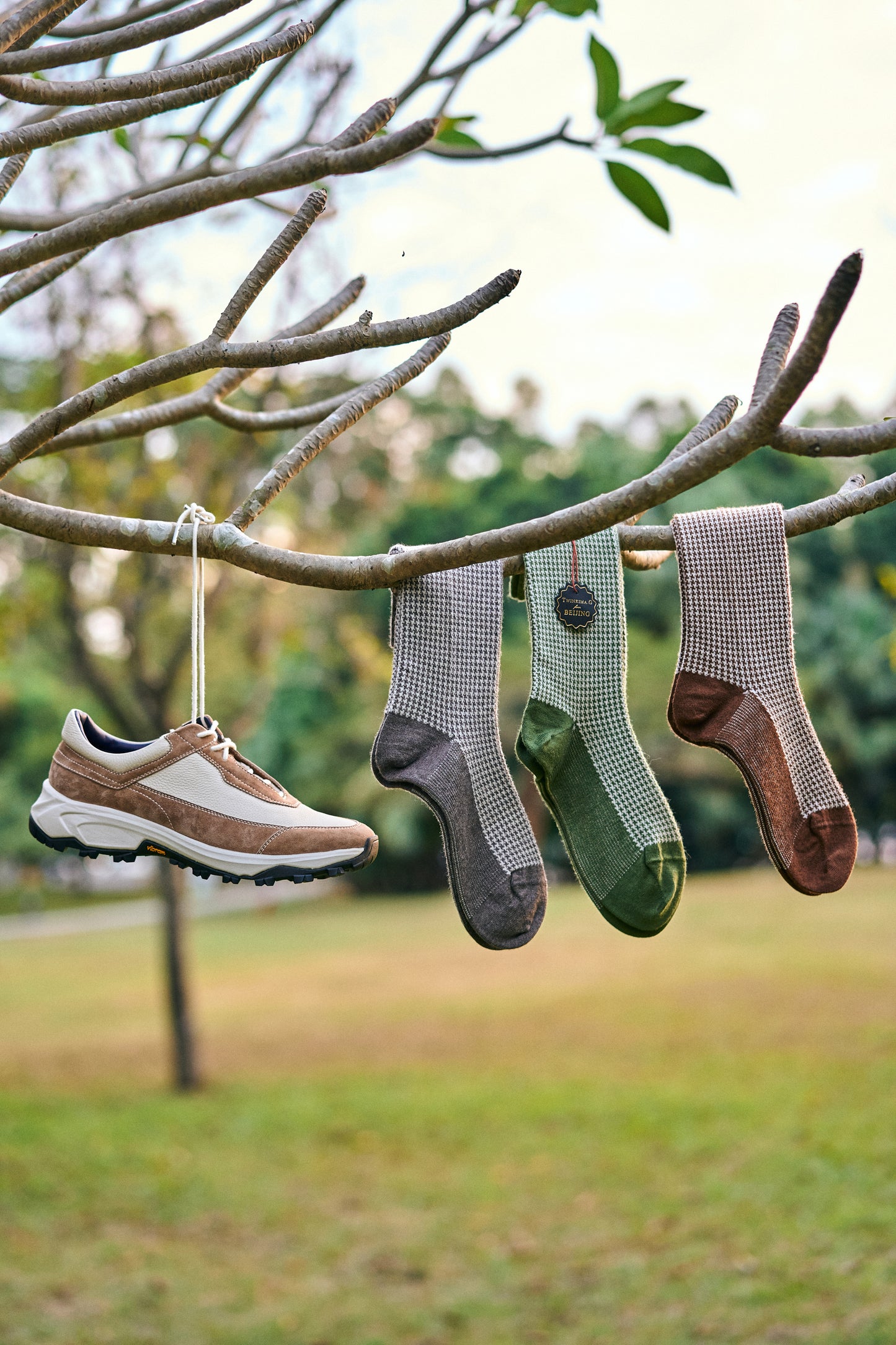 Twinkima.G - Cashmere Blend Socks - Olive/Pearl (Mid-Calf)