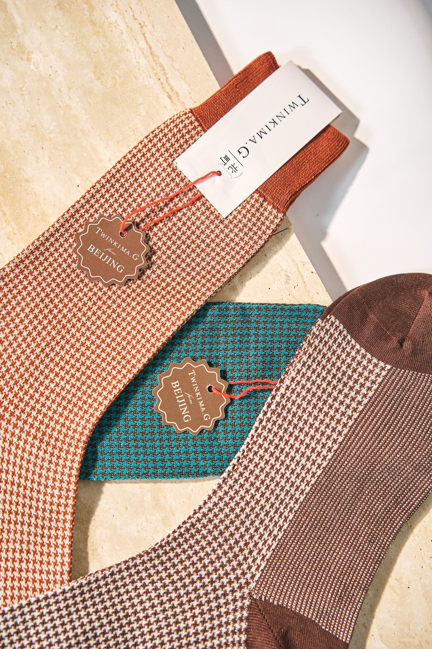 Twinkima.G - Houndstooth Socks - Brown/Cream (Mid-Calf)