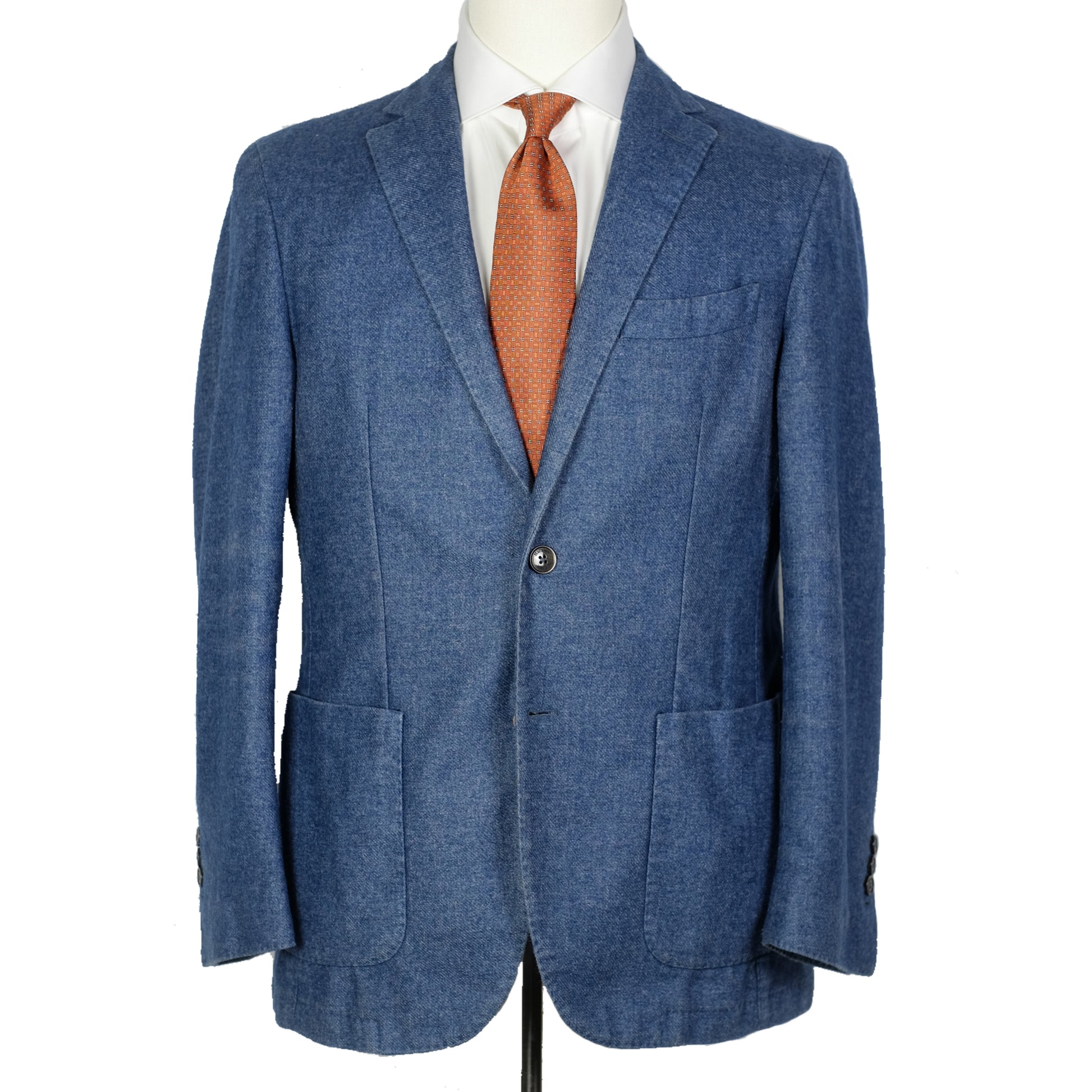 Blue blazer with a brown tie on a mannequin against a white background