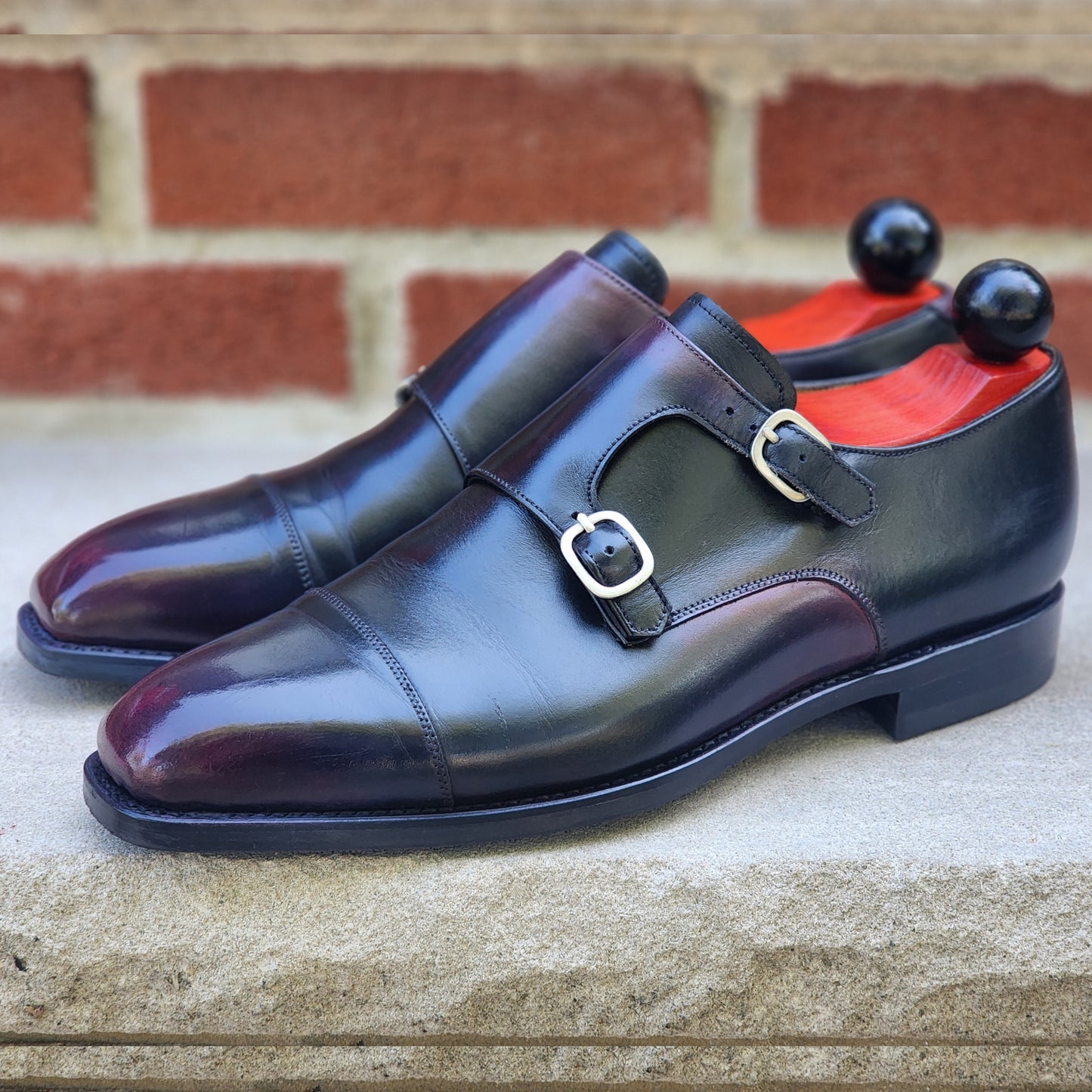 J.FitzPatrick - Double Monk Strap - Black Calf Reverse Red Burnish - US 7.5