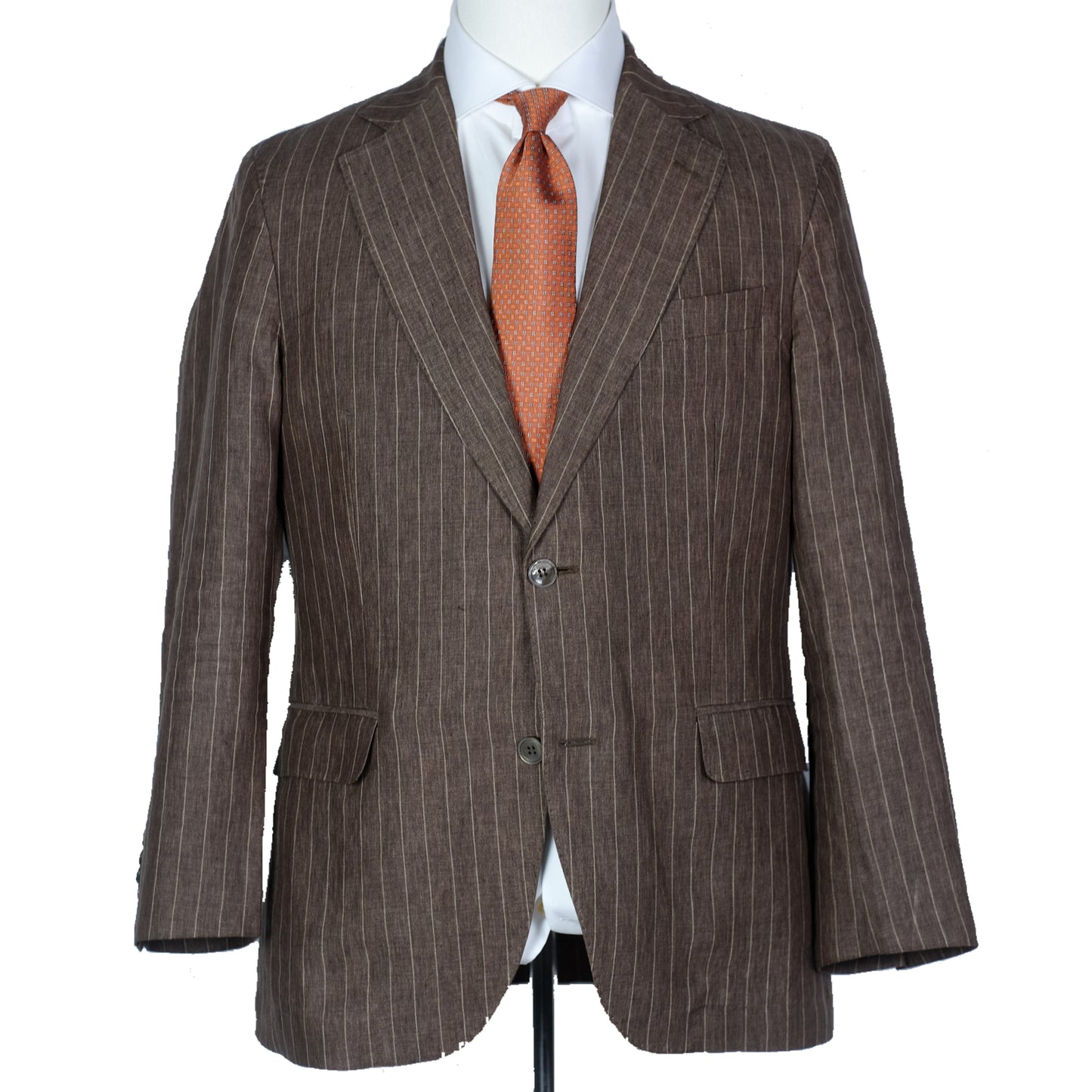 Brown pinstripe suit jacket on a mannequin with a white shirt and orange tie.