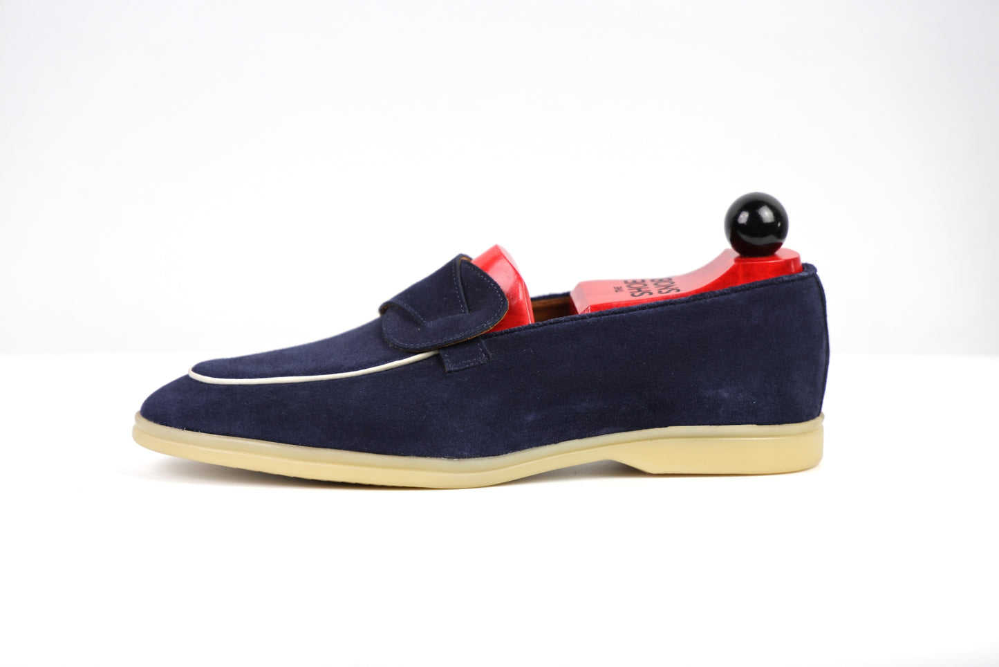 Sandpoint Soft Sole Butterfly Loafer – Navy Suede with White Piping - PRE SALE
