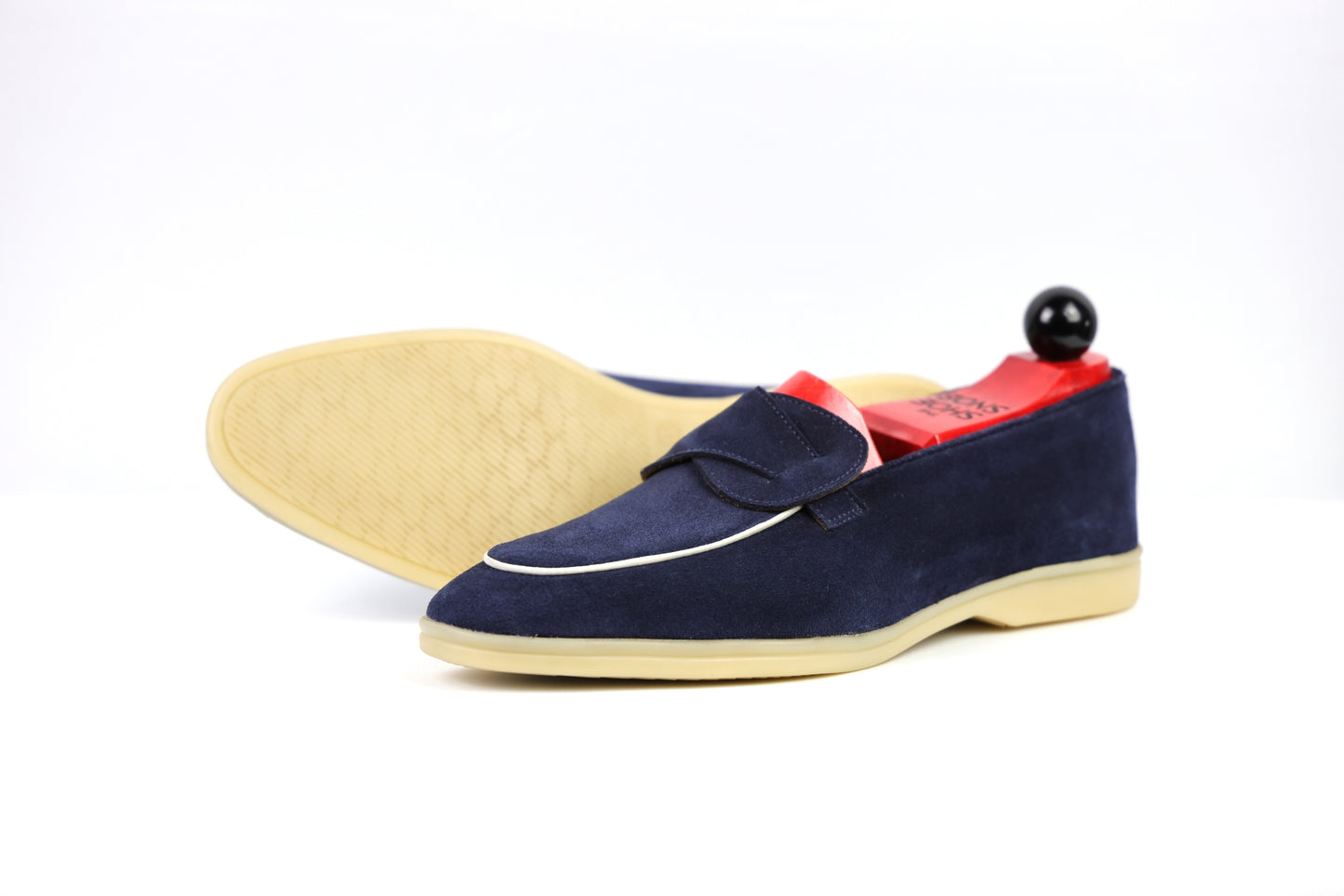 Sandpoint Soft Sole Butterfly Loafer – Navy Suede with White Piping - PRE SALE
