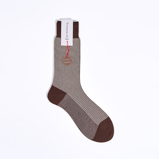Twinkima.G - Houndstooth Socks - Brown/Cream (Mid-Calf)