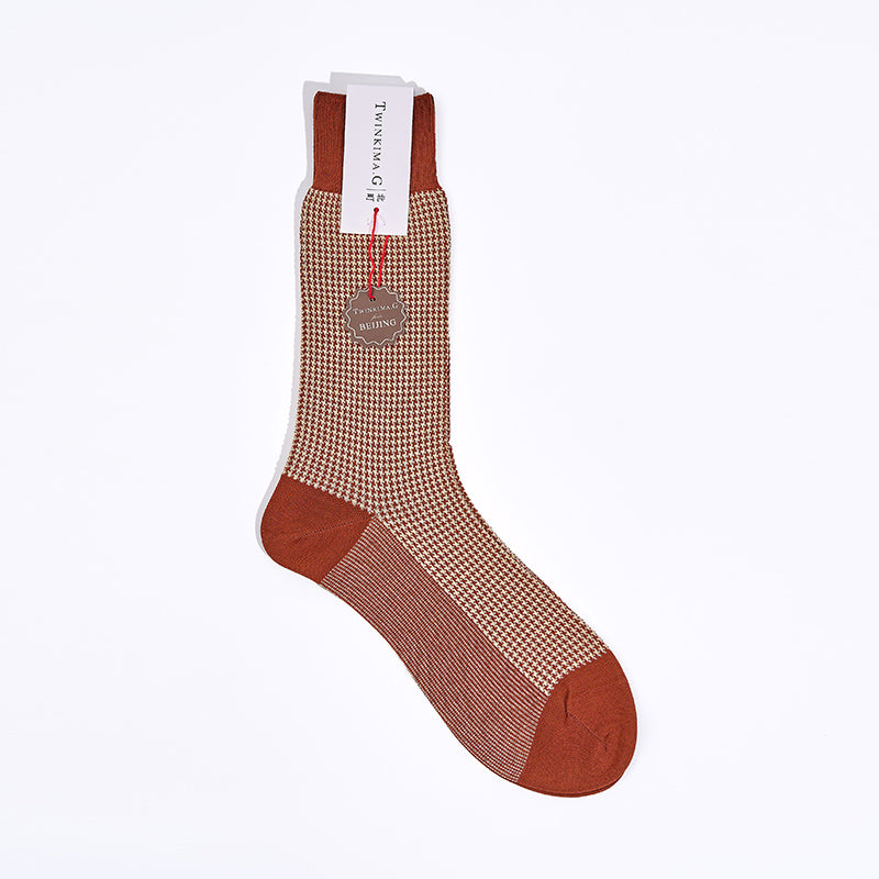 Twinkima.G - Houndstooth Socks - Rust/Beige (Mid-Calf)