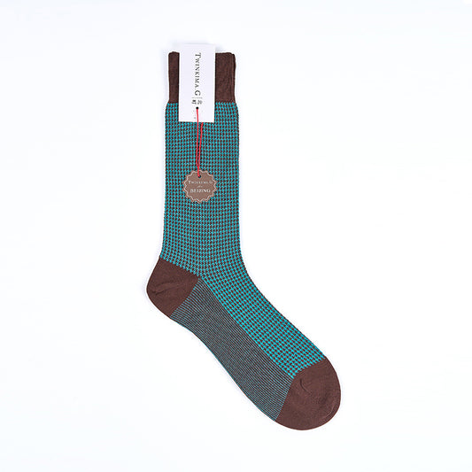 Twinkima.G - Houndstooth Socks - Brown/Turquoise (Mid-Calf)