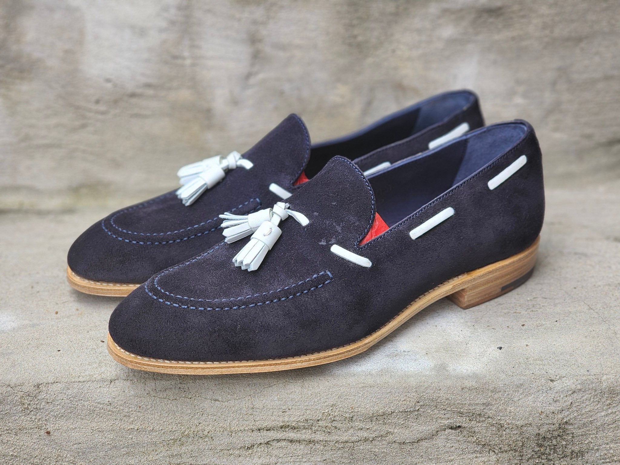 Carmina - Suede Tassel Loafers - Navy/White Tassel – The
