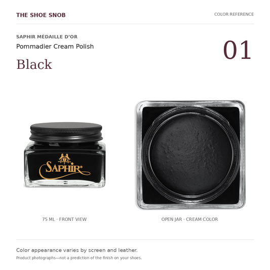 Saphir Pommadier cream polish color 01 Black: jar and actual cream color. Colors vary with screen and leather.
