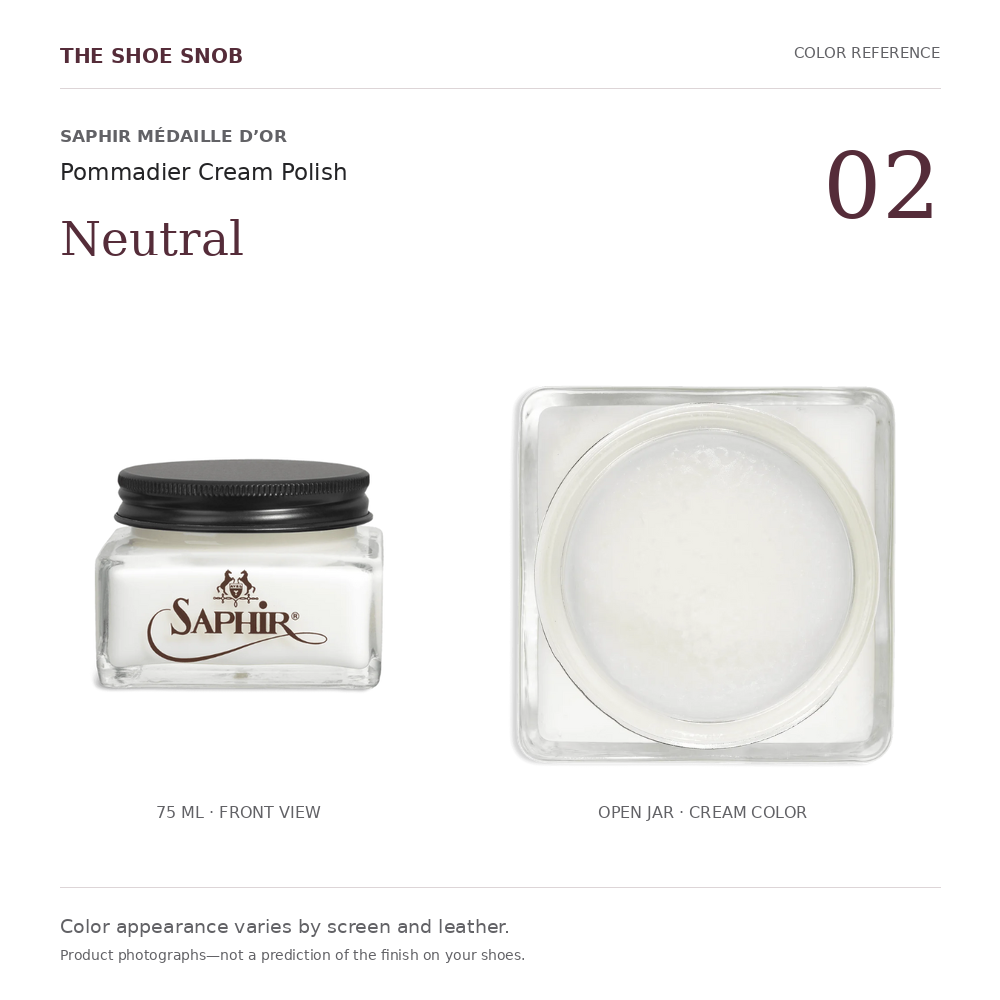 Saphir Pommadier cream polish color 02 Neutral: jar and actual cream color. Colors vary with screen and leather.