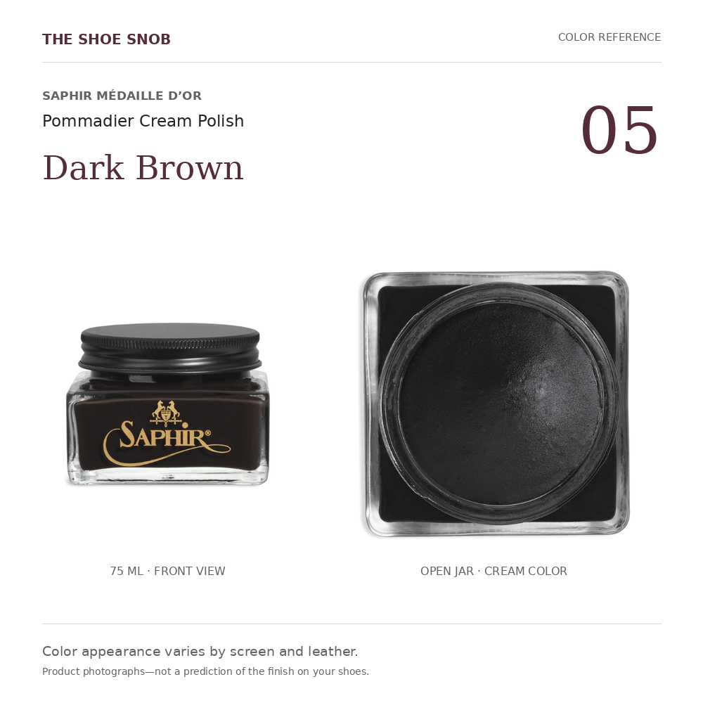 Saphir Pommadier cream polish color 05 Dark Brown: jar and actual cream color. Colors vary with screen and leather.