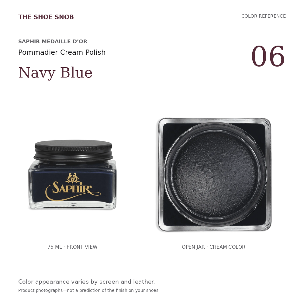 Saphir Pommadier cream polish color 06 Navy Blue: jar and actual cream color. Colors vary with screen and leather.