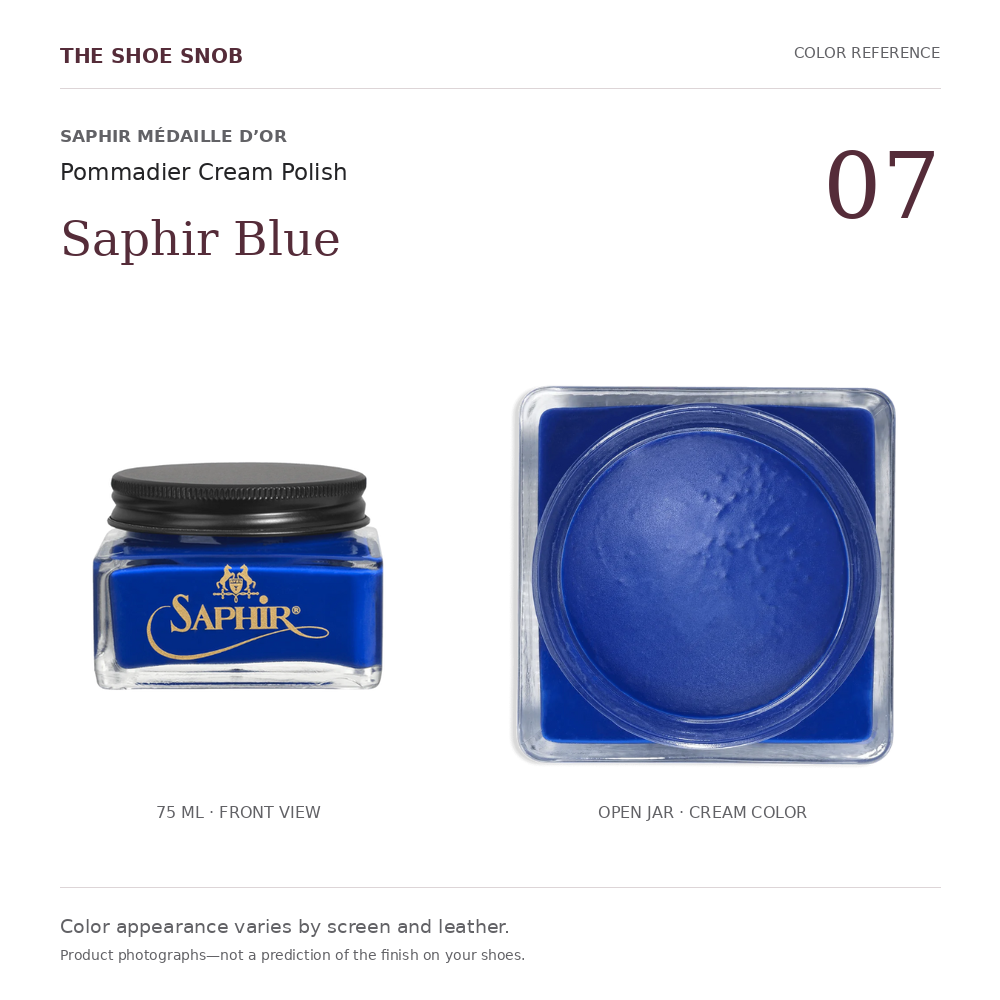 Saphir Pommadier cream polish color 07 Saphir Blue: jar and actual cream color. Colors vary with screen and leather.