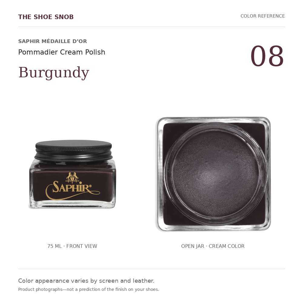 Saphir Pommadier cream polish color 08 Burgundy: jar and actual cream color. Colors vary with screen and leather.