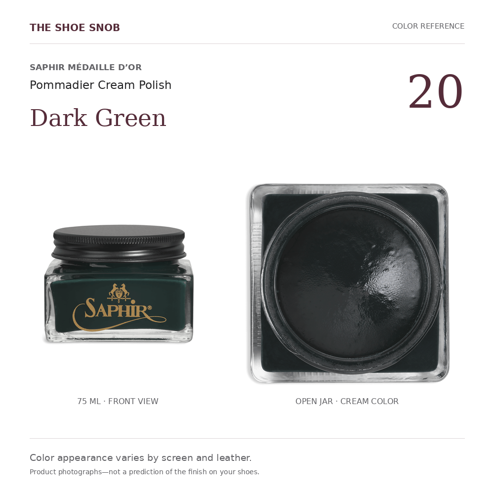 Saphir Pommadier cream polish color 20 Dark Green: jar and actual cream color. Colors vary with screen and leather.