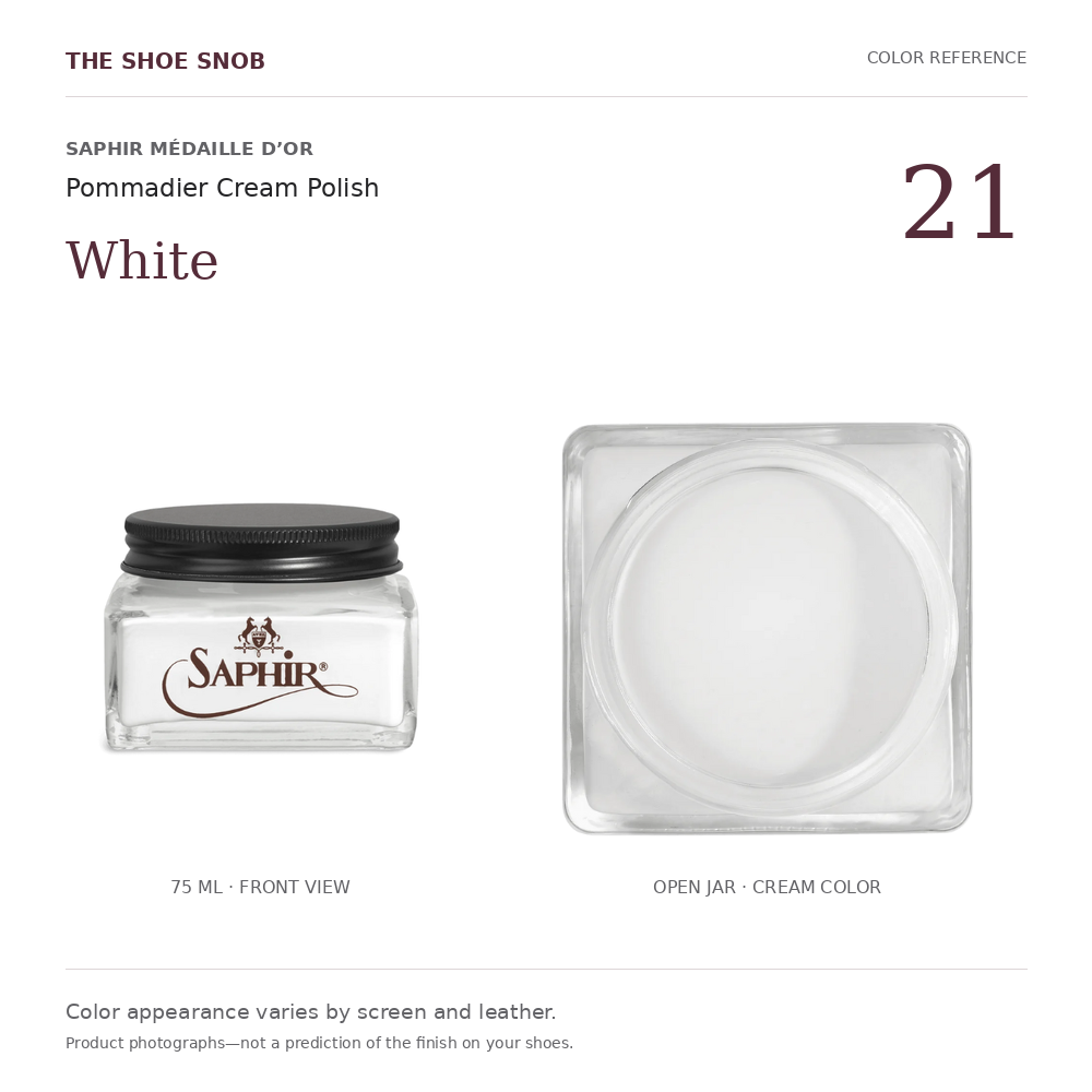 Saphir Pommadier cream polish color 21 White: jar and actual cream color. Colors vary with screen and leather.