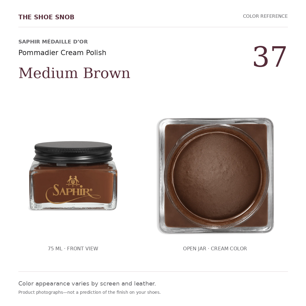Saphir Pommadier cream polish color 37 Medium Brown: jar and actual cream color. Colors vary with screen and leather.