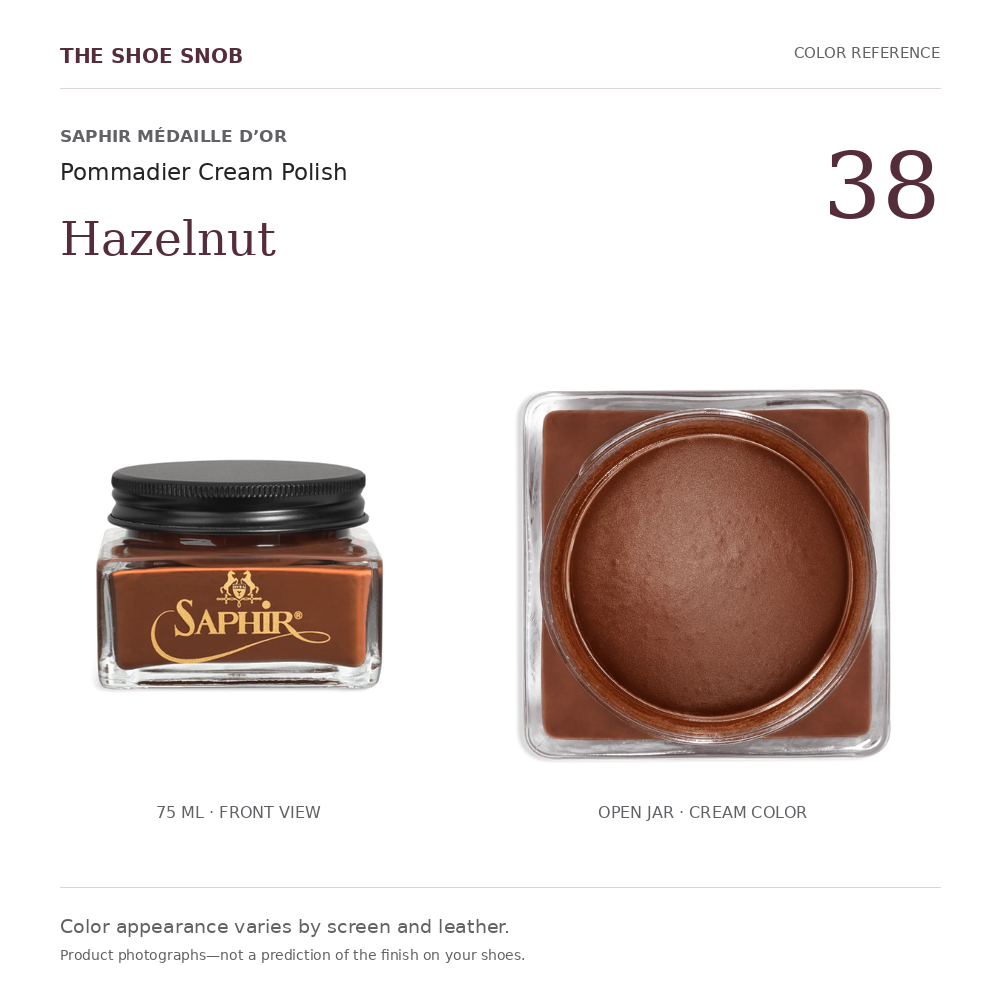 Saphir Pommadier cream polish color 38 Hazelnut: jar and actual cream color. Colors vary with screen and leather.