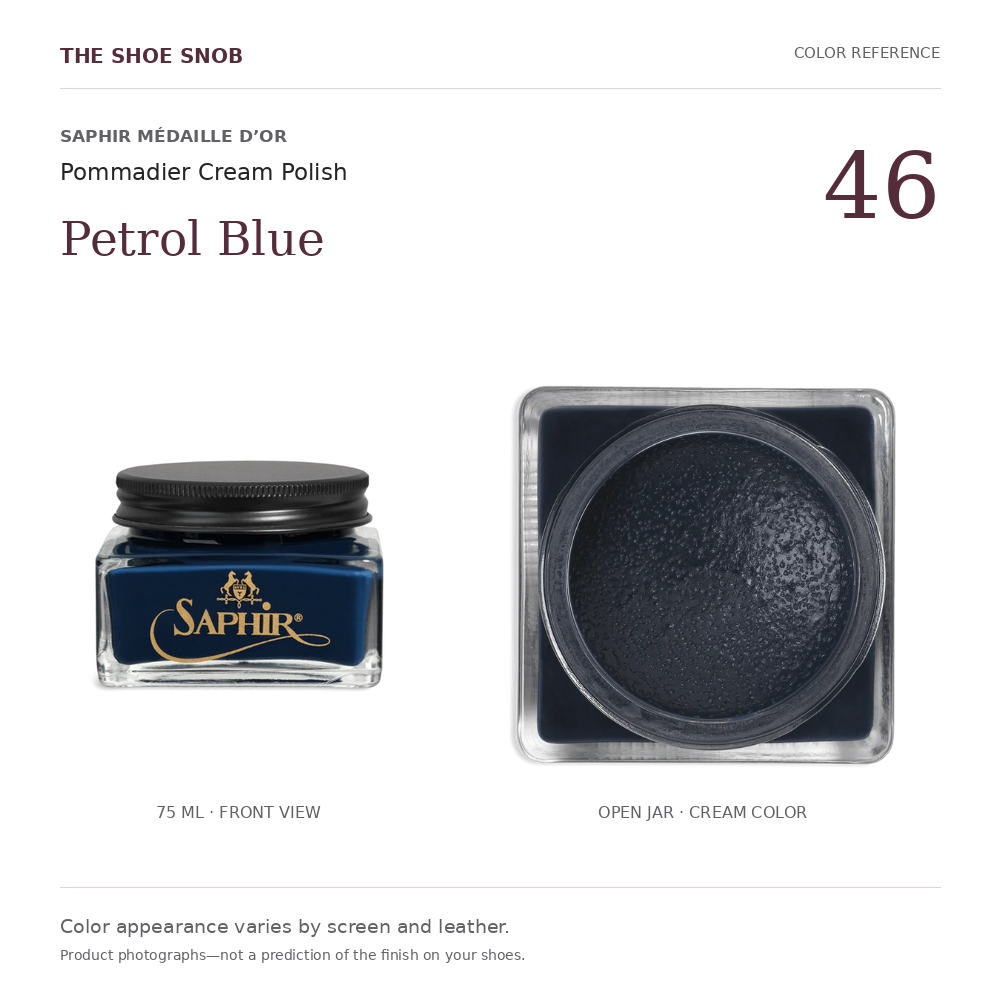 Saphir Pommadier cream polish color 46 Petrol Blue: jar and actual cream color. Colors vary with screen and leather.