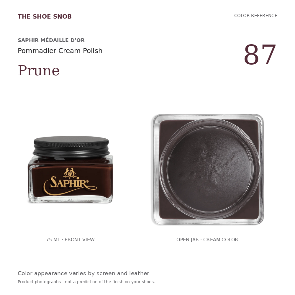 Saphir Pommadier cream polish color 87 Prune: jar and actual cream color. Colors vary with screen and leather.