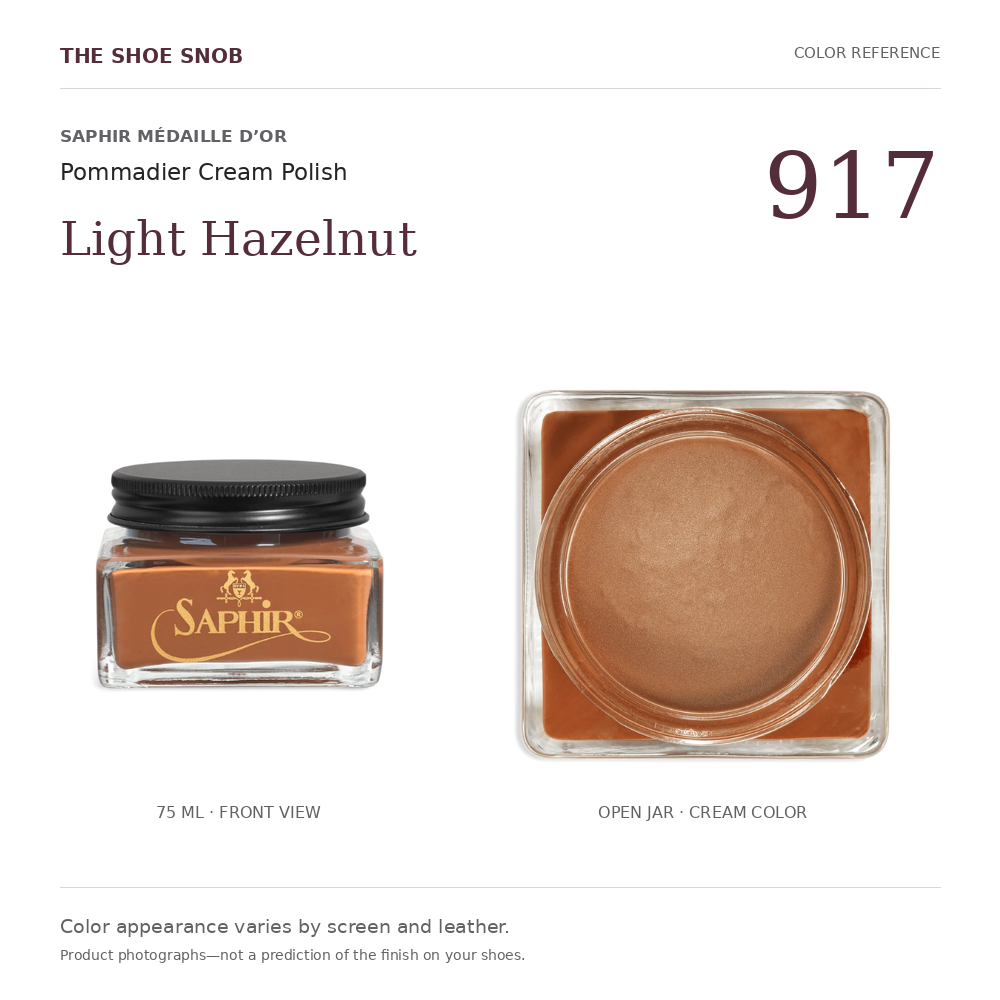 Saphir Pommadier cream polish color 917 Light Hazelnut: jar and actual cream color. Colors vary with screen and leather.