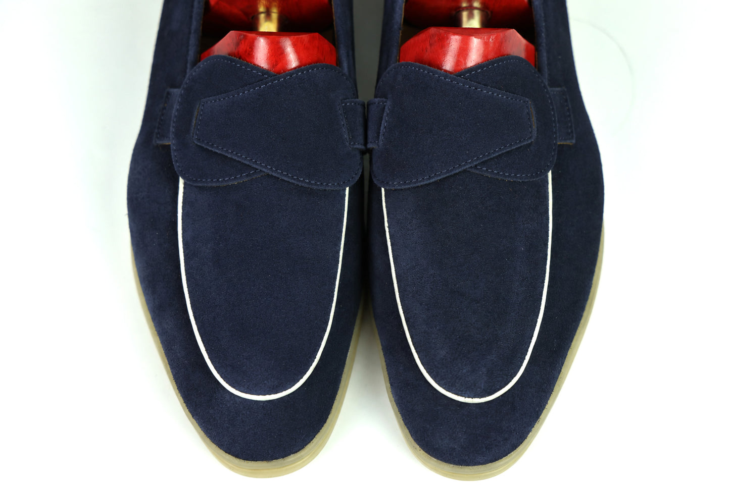 Sandpoint Soft Sole Butterfly Loafer – Navy Suede with White Piping - PRE SALE