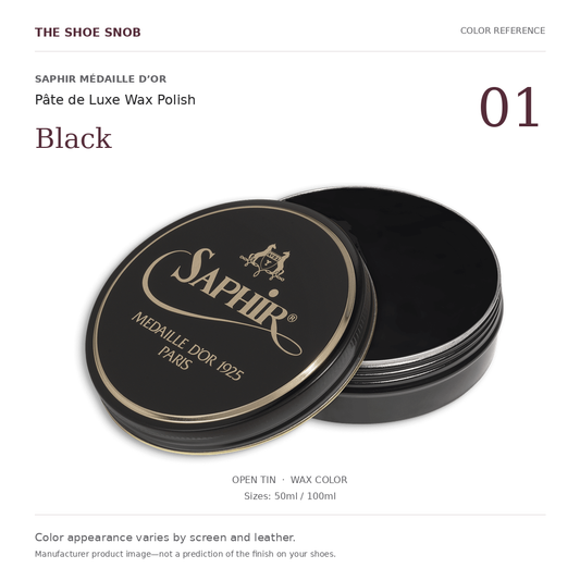 Saphir Médaille d’Or Pâte de Luxe Black 01 wax color; offered in 50ml and 100ml