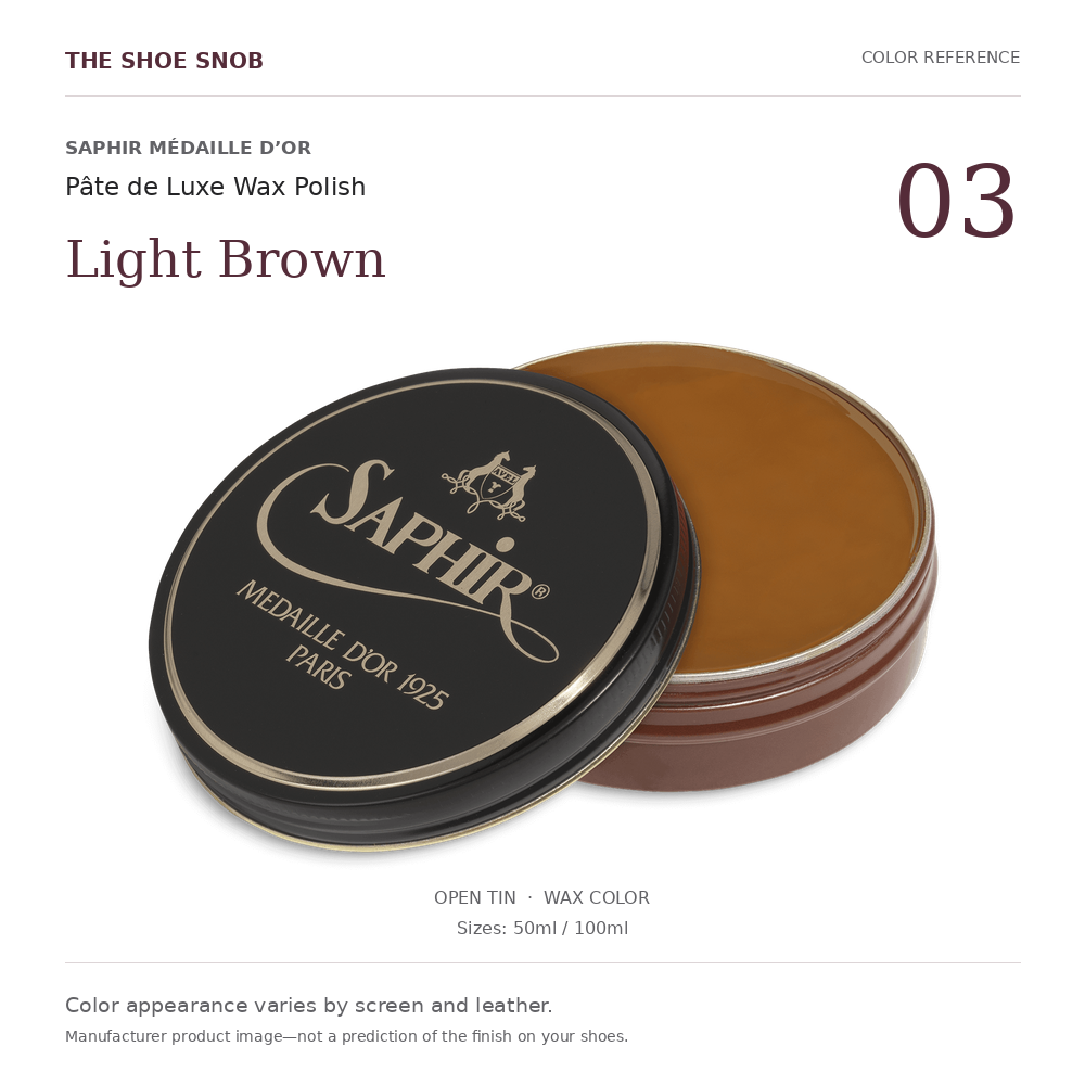 Saphir Médaille d’Or Pâte de Luxe Light Brown 03 wax color; offered in 50ml and 100ml
