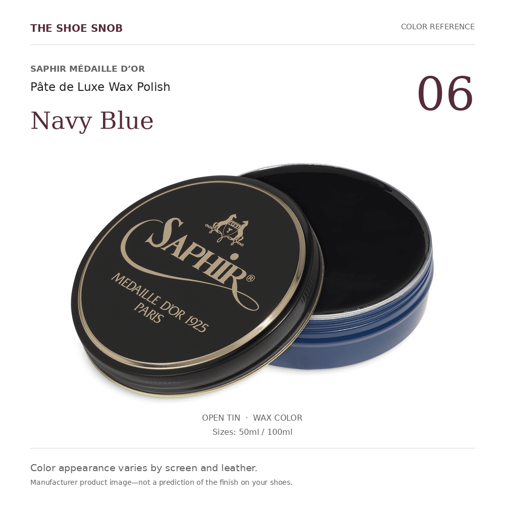 Saphir Médaille d’Or Pâte de Luxe Navy Blue 06 wax color; offered in 50ml and 100ml