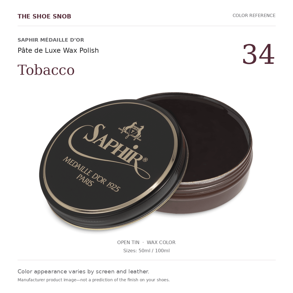 Saphir Médaille d’Or Pâte de Luxe Tobacco 34 wax color; offered in 50ml and 100ml